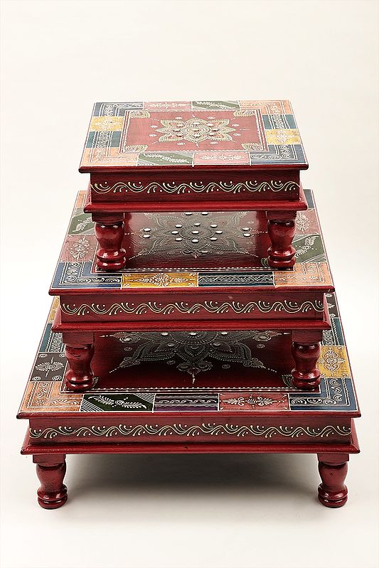 Set of 3 Decorative Handpainted Chowki (Pedestal ) | Hand Painted Chowki | Handmade | Made In India