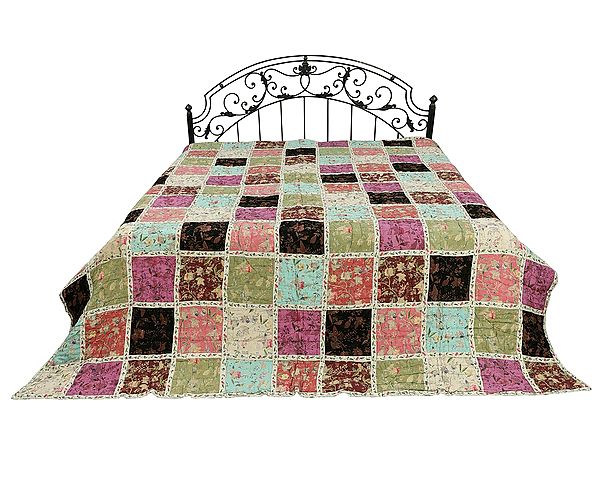 Pastel-Yellow Patchwork Reversible Jaipuri Quilt With Floral Vines