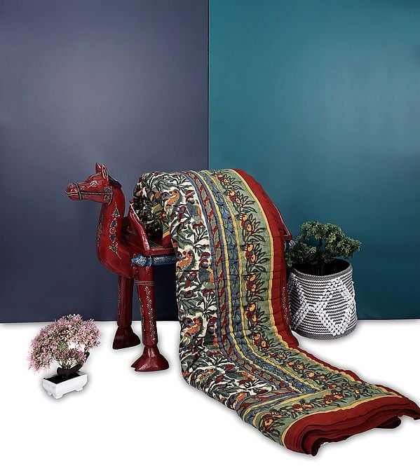 Savvy-Red Reversible Jaipuri Quilt With Bird Print