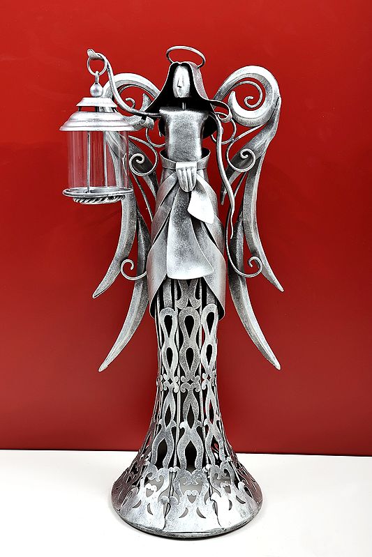 20" Silver Angel with Candle Stand | Handmade