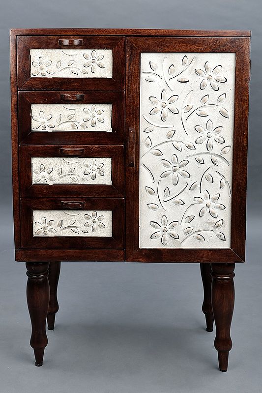 35" Flower Design Cabinet With Five Drawer | Wooden Cabinet | Handmade Art