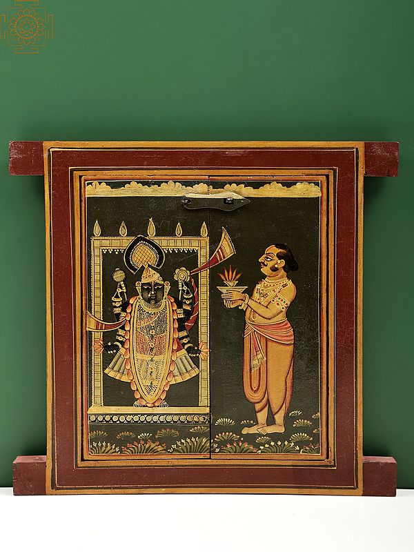 13" Hand Painted Worship of Shrinath Ji Jharokha (Window) | Wooden Window | Handmade