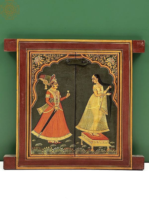 13" Hand Painted King And Queen Romance Painting Jharokha (Window) | Wooden Window | Handmade