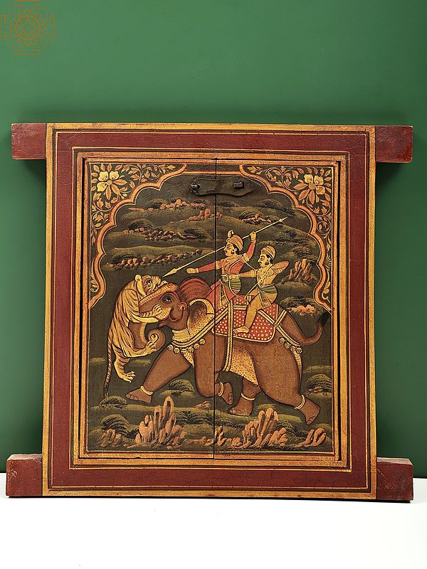 13" Hand Painted King Hunting Tiger Painting Jharokha (Window) | Handmade
