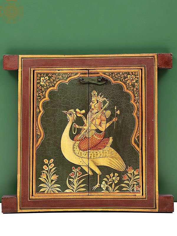 13" Hand Painted Goddess Saraswati on Her Mount Swan Painting Jharokha (Window) | Handmade
