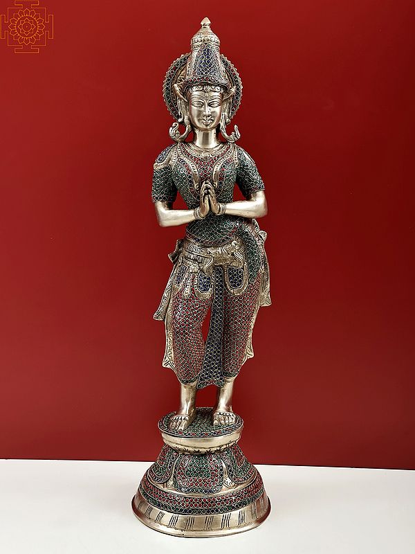 29" Welcome Lady Brass Idol | Handmade Namaste Lady Brass Statue