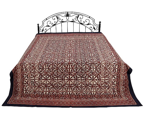 Patriot-Blue Pure Cotton Ajrakh Hand Block Print With Applique Work Bed Cover From Jaipur