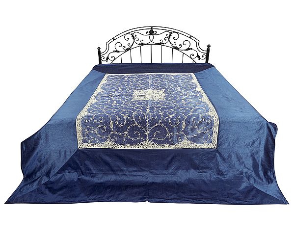Blue-Lolite Pure Silk Bed Cover With Zardosi work From Jaipur