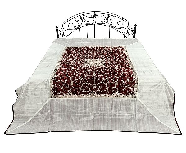 New-Maroon Pure Silk Bed Cover with Zardosi Work from Jaipur