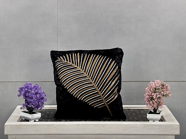 Cushion Cover Velvet Leaf Filled With Gold Sparkle Print