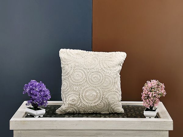 Cloud-Cream Cushion Cover Velvet Fur Fabric with Gold Sparkle Print
