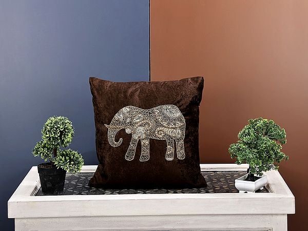 Velvet Hand Embroidered Elephant Cushion Cover with Beads Work