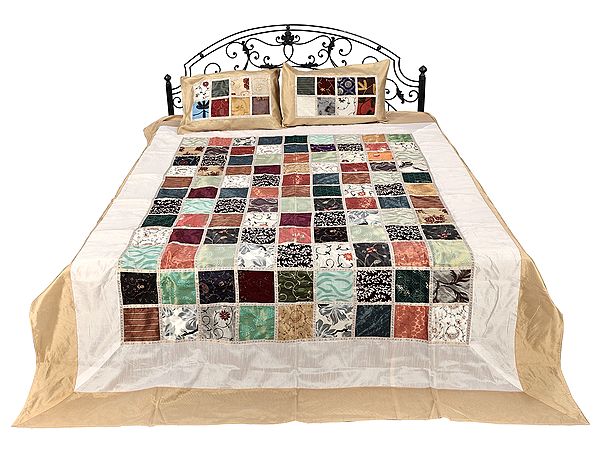 Art Silk Gold Print Multicolored Patch Work Bedcover in White and Gold Color from Jaipur