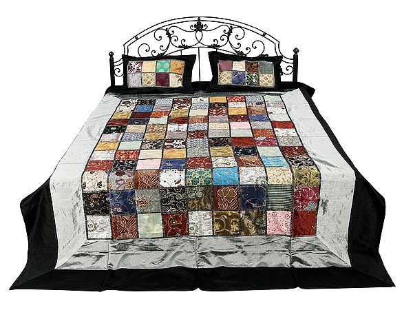 Black-Beauty Art Silk Floral Embroidered Multicolor Patch Work Bed Cover From Jaipur