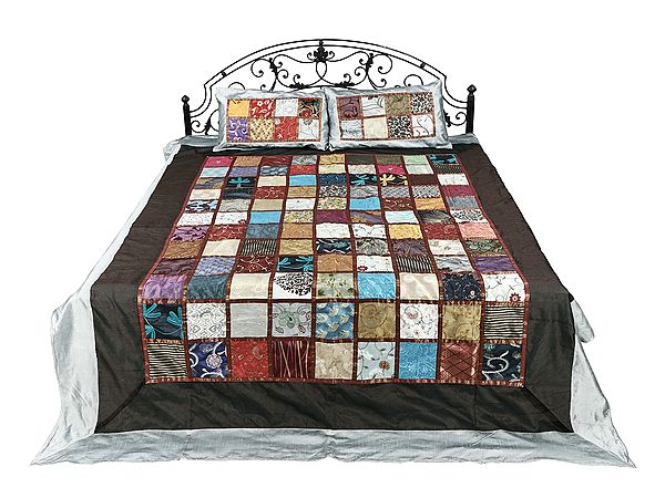 Ultimate-Gray Art Silk Floral Embroidered Multicolor Patch Work Bed Cover from Jaipur