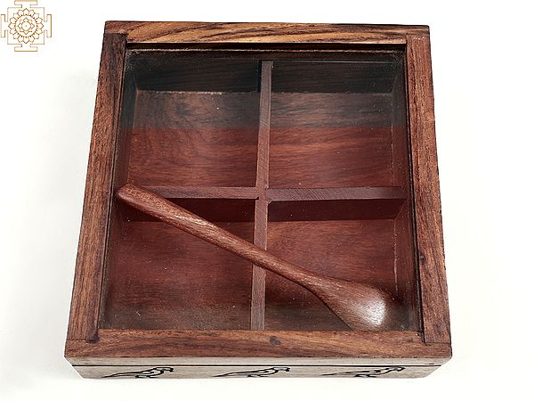 Square Shape Wooden Spice Box with Spoon | Handmade