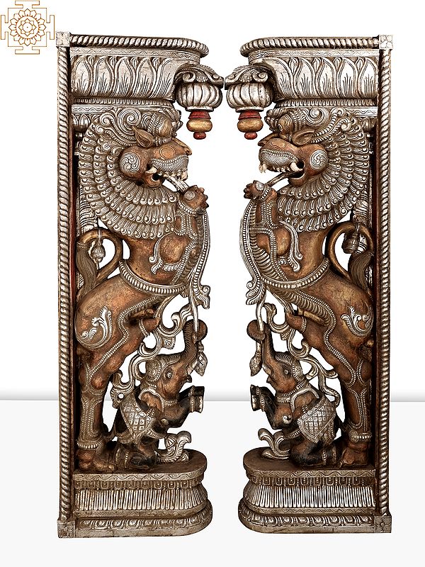 86" Large Carving Wooden Yali Brackets Pair | Handmade