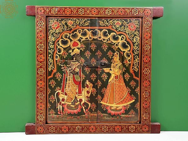 19" Hand Painted Radha Krishna | Wooden Window | Handmade