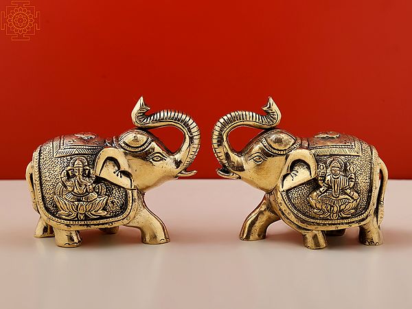 4" Handmade Trunk Up Elephant Pair Brass Statue with Engraved Lakshmi Ganesha
