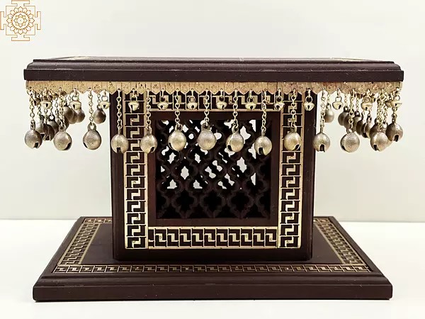 18" High Wooden Pedestal with Lattice, Brass Work and Ghungroos | Handmade