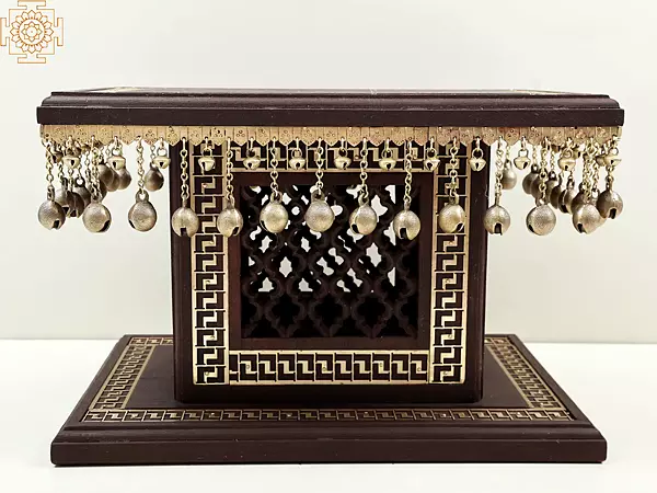 18" High Wooden Pedestal with Lattice, Brass Work and Ghungroos | Handmade