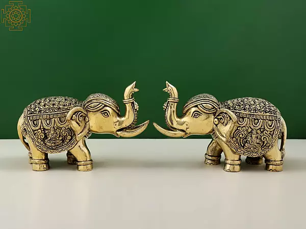 4" Engraved Lakshmi Ganesha Pair of Elephant Statues with Trunk Up | Handmade