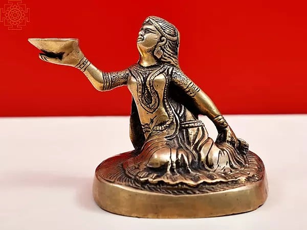 5" Brass Welcome Lady Statue with Diya | Handmade
