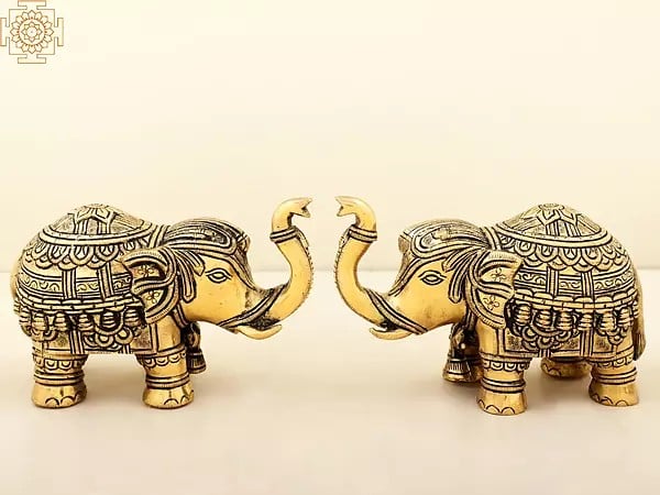 6" Carved Elephant Pair Brass Statue with Trunk Up | Handmade