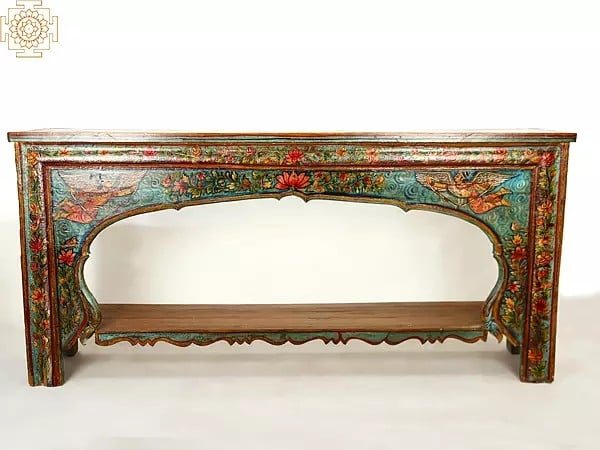 73" Large Vintage Wooden Floral Design Table | Handmade