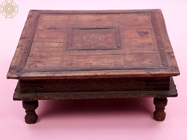 19" Vintage Square Shape Wooden Pedestal (Chowki) | Handmade