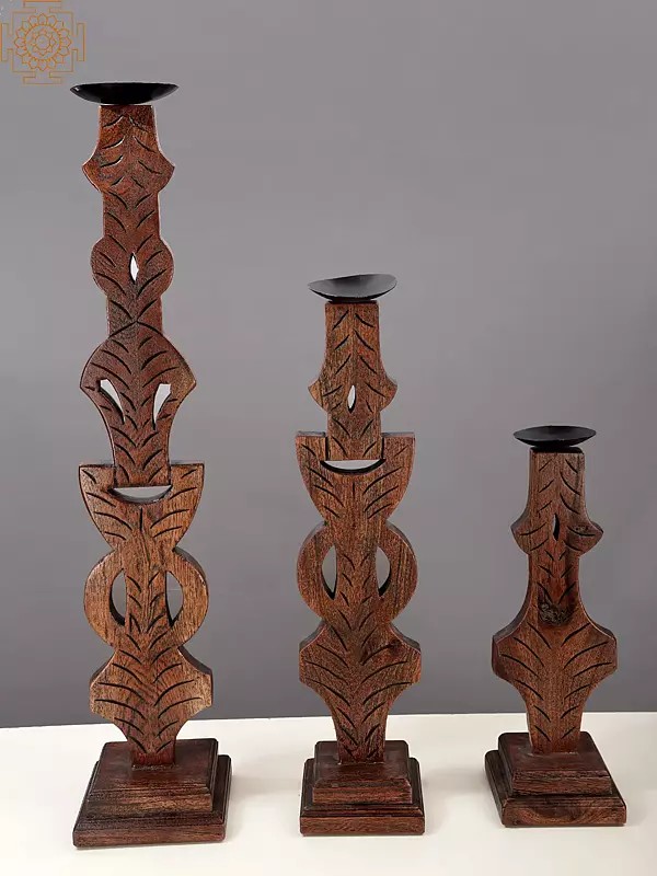 29" Set of 3 Decorative Wooden Candle Stands | Handmade