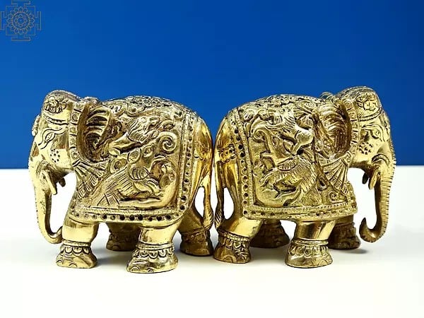 3" Small Brass Engraved Pair of Elephants