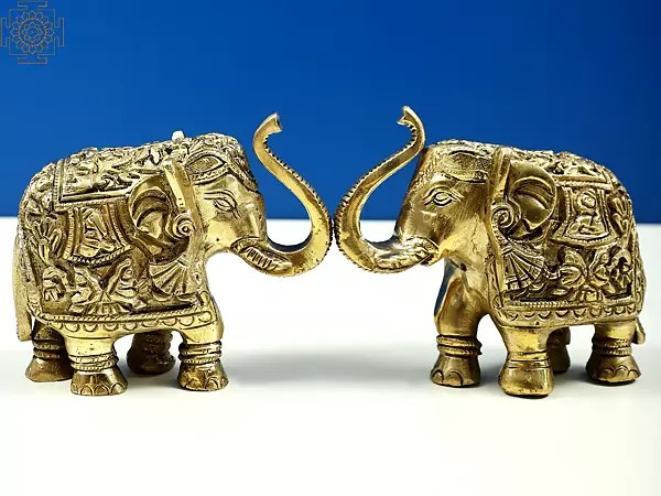3" Small Engraved Pair of Elephants Statue with Trunk Up