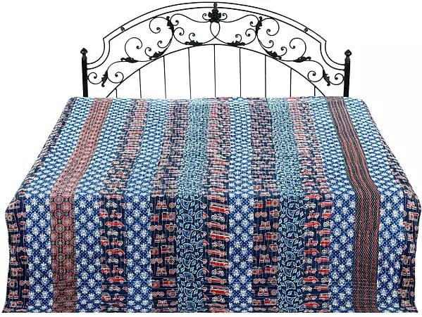 True-Blue Floral Printed Bedcover from Jaipur with Patchwork and Kantha Straight Stitch