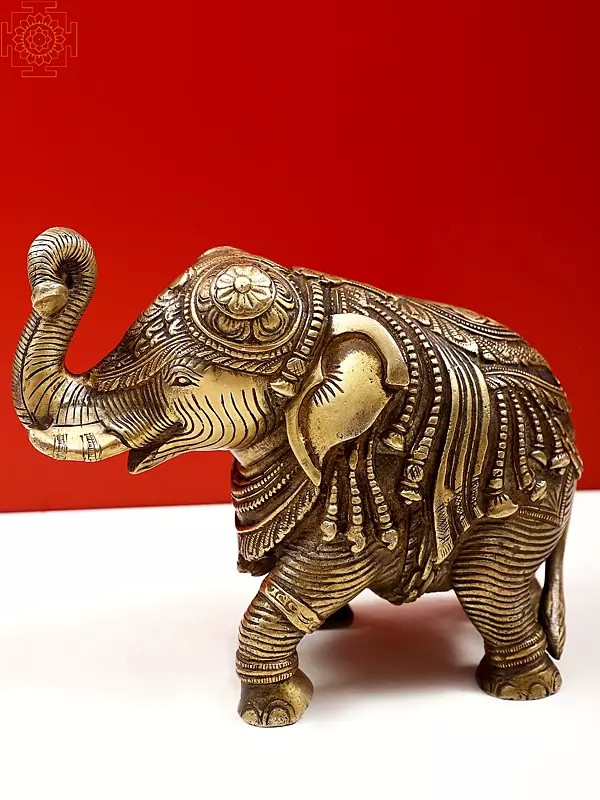 7" Brass Engraved Elephant Statue with Trunk Up
