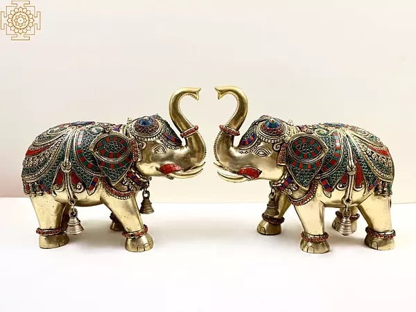 14" Brass Engraved Pair of Elephant with Inlay Work