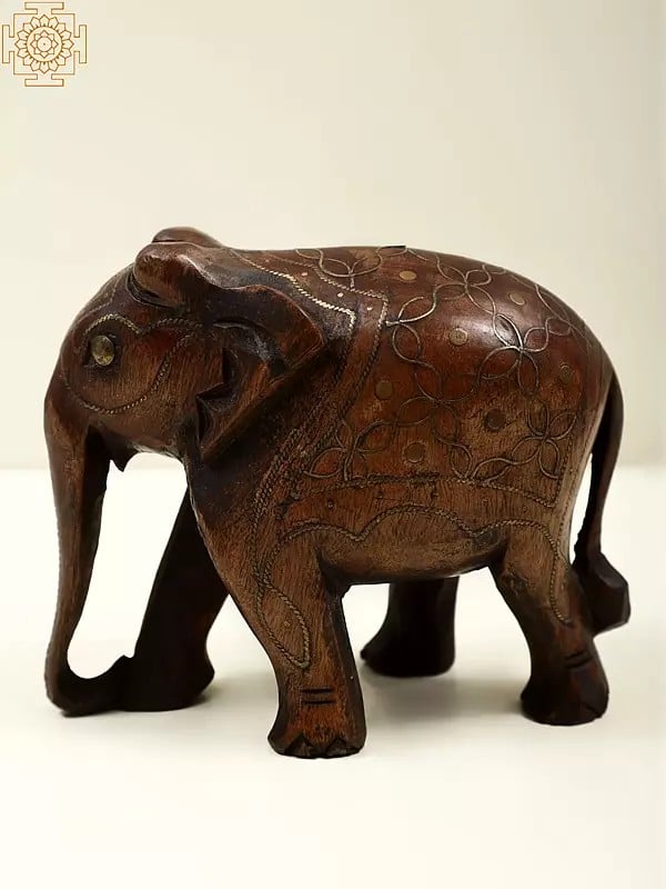 5" Small Wooden Elephant with Brass Carving
