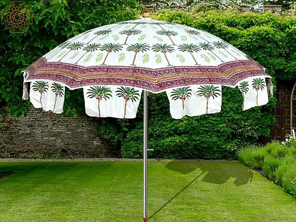 Snow-White Palm Design Block Print Garden Parasol Umbrella