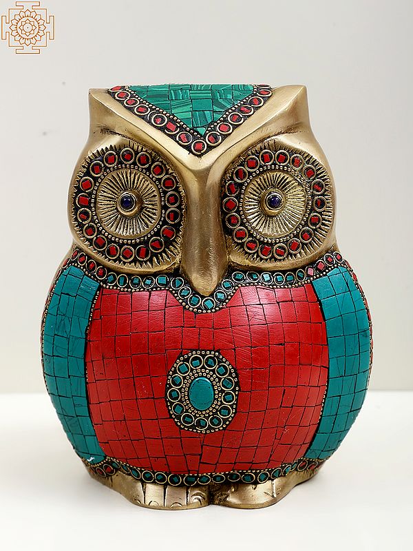 7" Brass Owl Figurine with Inlay Work