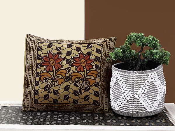 Amber-Green Cushion Cover from Pilkhuwa with Printed Flowers
