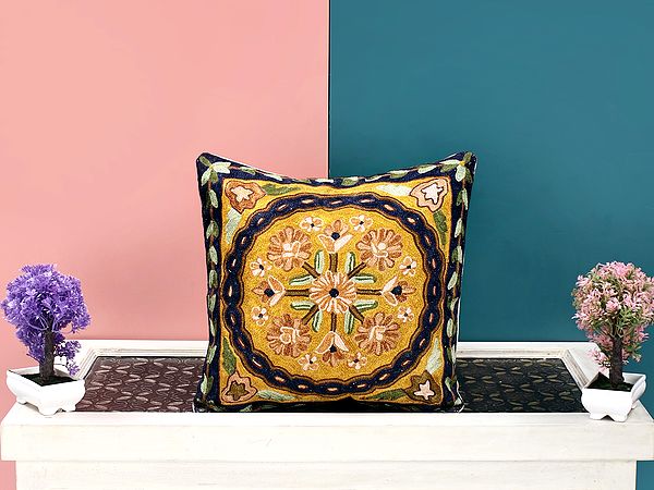 Multicolor Cushion Cover from Kashmir with Aari Embroidered Flowers