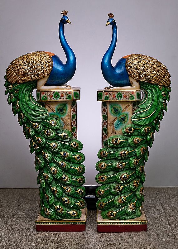 45" Large Marble Peacock Pillar (Pair)