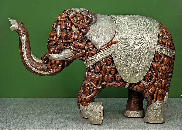 54" Large Wooden Lady Carving Elephant