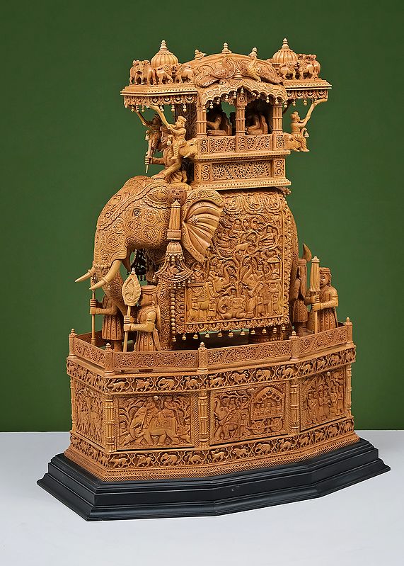 26" Large Wooden Elephant Statue Showpiece (Ambari) Exotic India Art