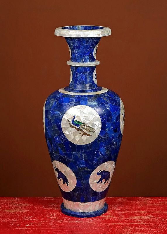 30" Fine Marble Vase with Inlay of Lapis Lazuli