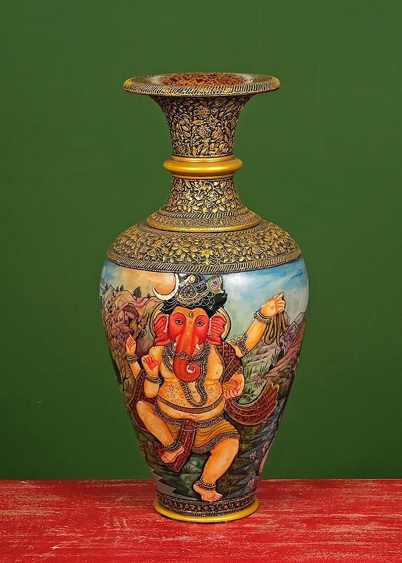 27" Ganesha Lakshmi with Saraswati Print Marble Flower Vase