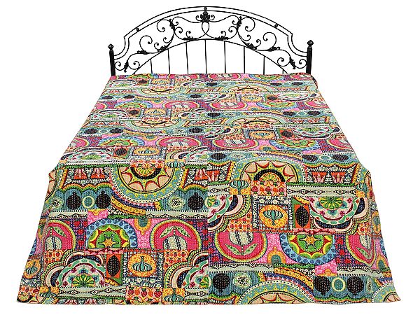Multicolor Vibrant Printed Patchwork Kantha Styled Bedding Quilt From Jodhpur