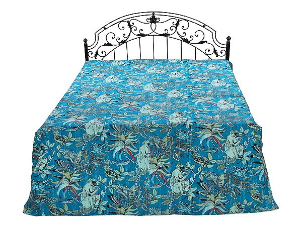 Mandrill-Chameleon-Hoopoe-Toucan Printed Patchwork Kantha Styled Bedding Quilt from Jodhpur