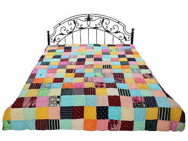 Multicolor Patchwork Kantha Styled Reversible Bedding Quilt From Jodhpur