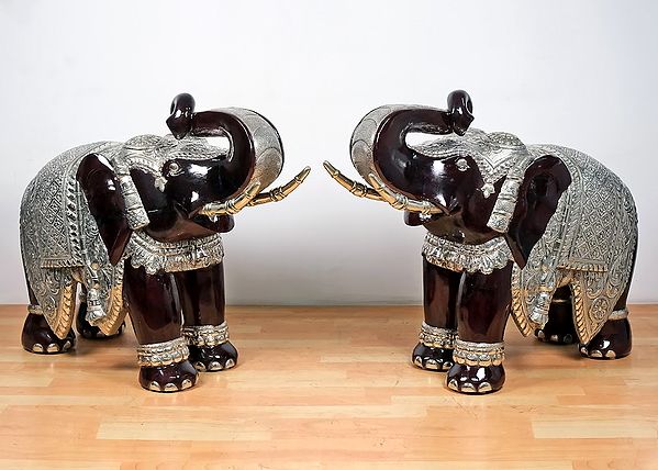 35" Large Wooden Elephant Figurines (Pair)